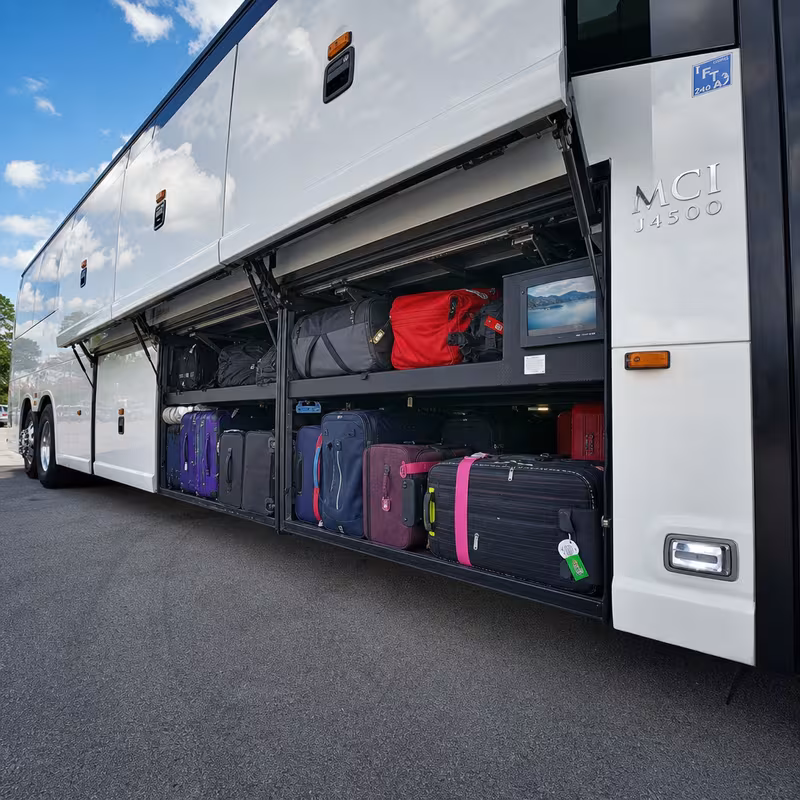 Party bus interior with wraparound leather seating and LED lighting in Miami