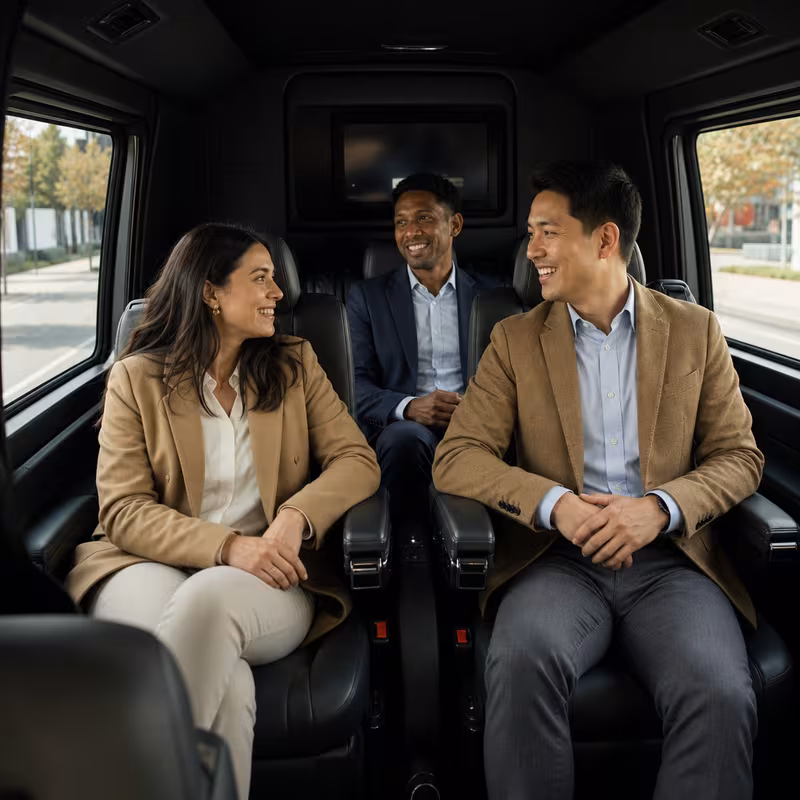 Group boarding a white charter bus for Corporate Transportation transportation in Miami