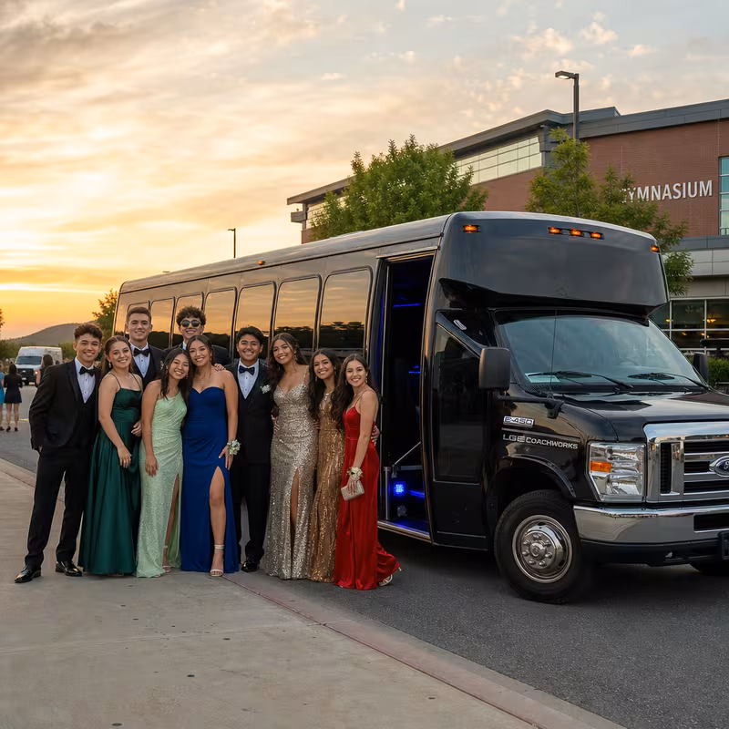 Group boarding a white charter bus for Prom & Homecoming Transportation transportation in Miami